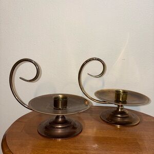 Vintage Baldwin Solid Brass Chamberstick Candle Holder Pair Heavy Scroll Handles